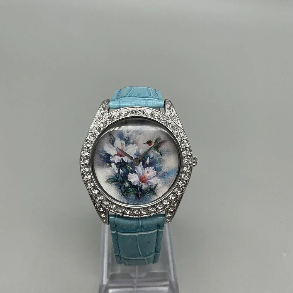 Lena Liu Women Watch 35mm Floral Silver Tone Blue Strap Crystals New Battery